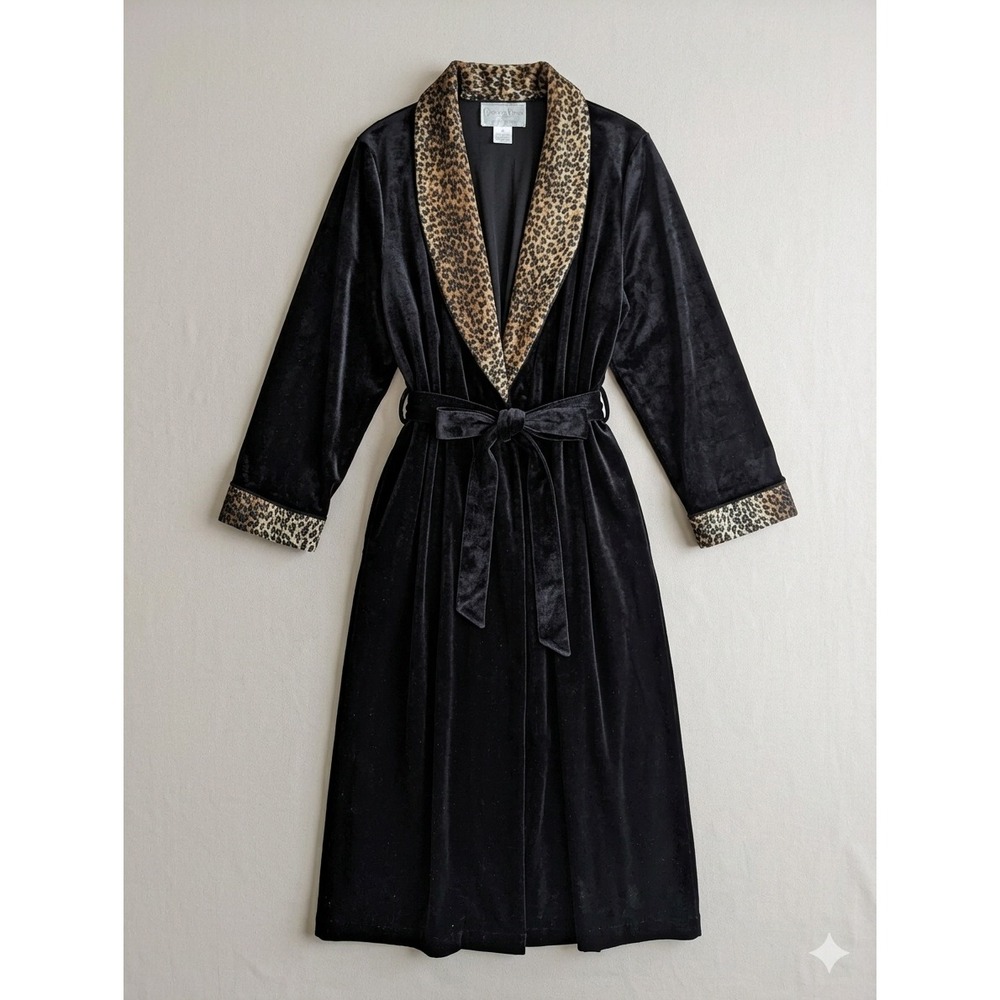 Vintage Black Velvet Leopard Trim Long‎ Wrap Belted Luxury Women's XL